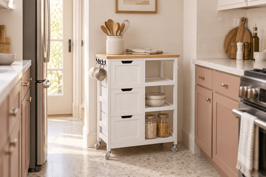 Narrow white Yaheetech rolling kitchen island with three drawers, open shelves and hooks styled in a small galley kitchen.