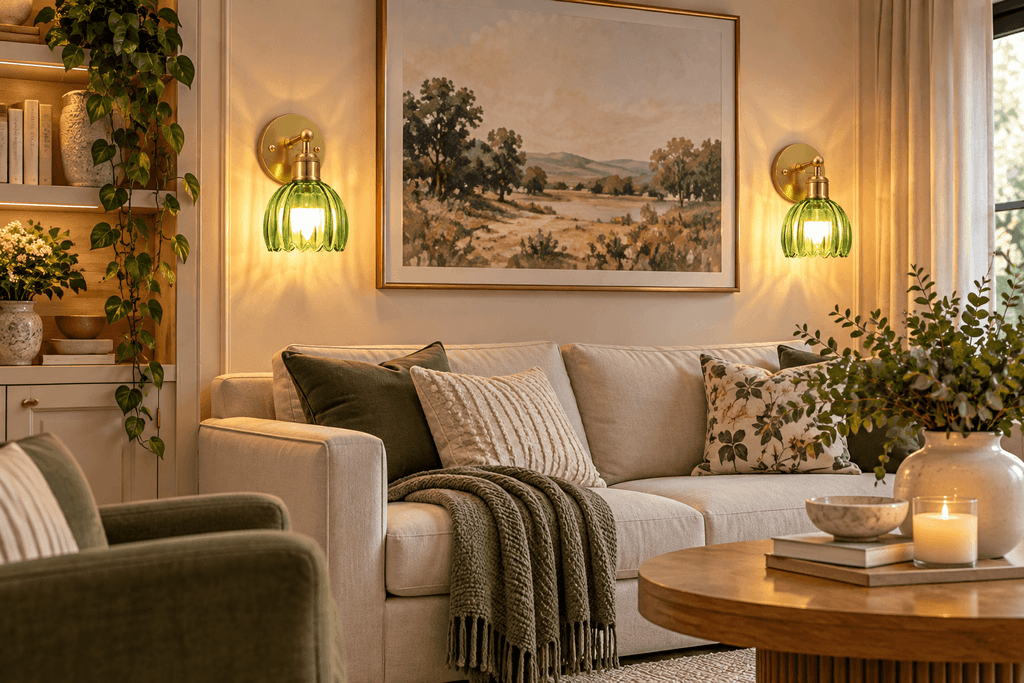 Pair of vintage gold battery-operated wall sconces with ribbed green tulip glass shades mounted beside artwork above a cream sofa in a cozy living room.