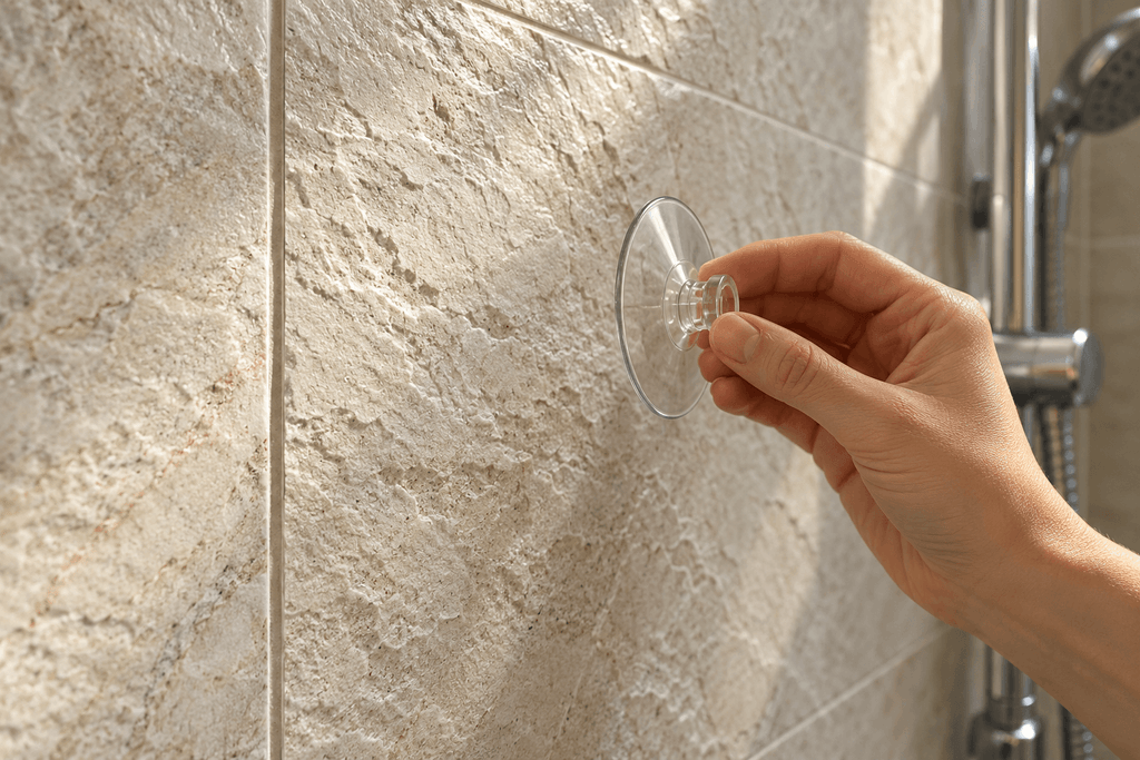 Hand holding a clear suction cup beside a textured shower tile, with raised surface detail and a vertical grout joint visible.