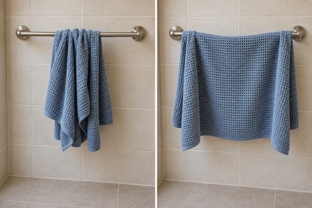 Side-by-side views of a blue waffle-textured mat gathered narrowly on a rail and spread across more of the rail’s width.