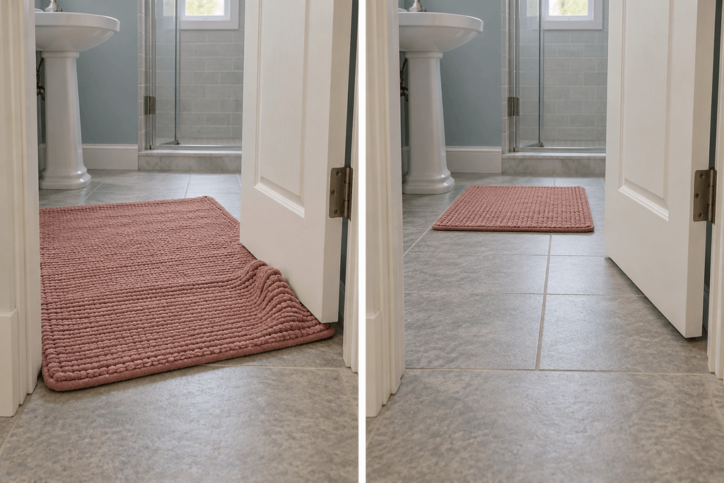 Side-by-side bathroom views showing a door bunching a large rose-colored mat and a smaller mat lying flat farther inside.