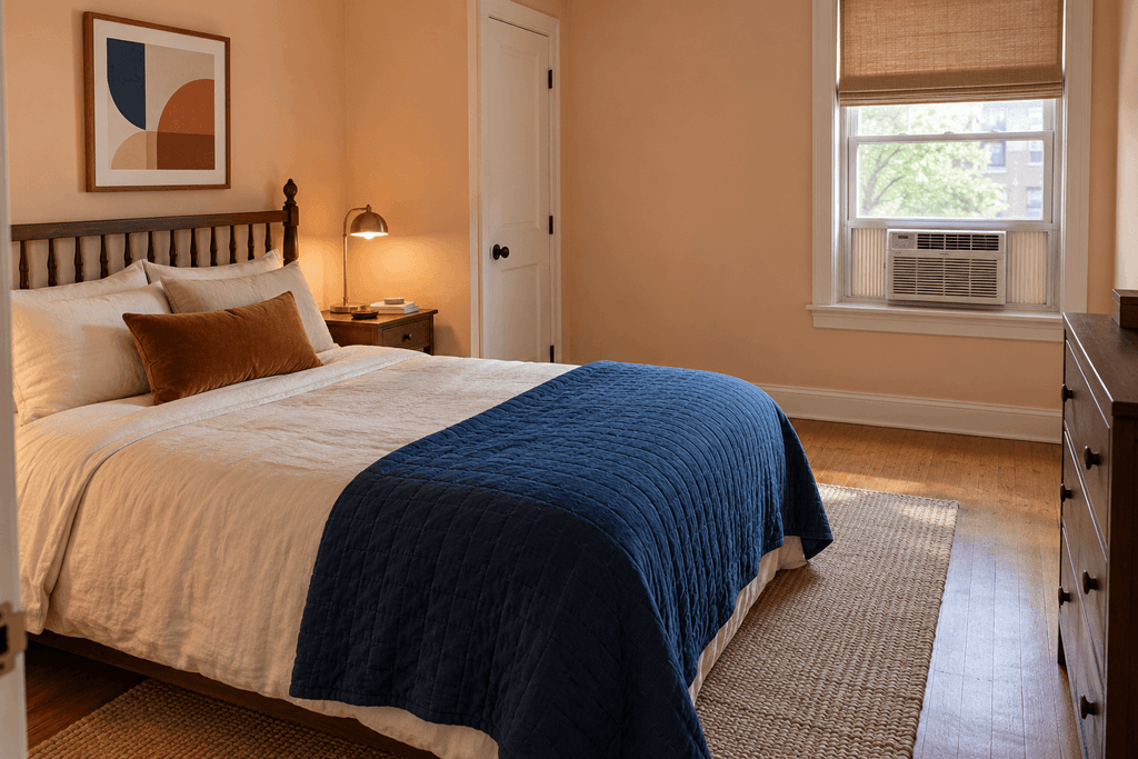 Bed with ivory bedding and a blue quilt positioned along a side wall, away from a window air conditioner across the room.