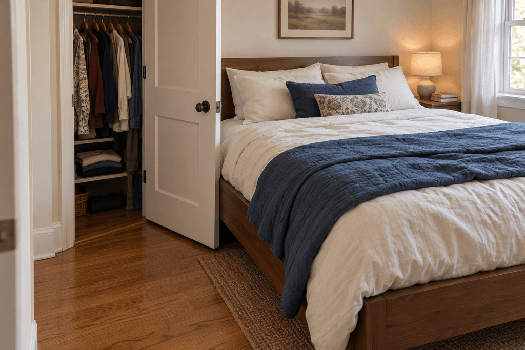 Small bedroom with a partly open closet door beside a large wooden bed, revealing hanging clothes and shaded lower shelves.
