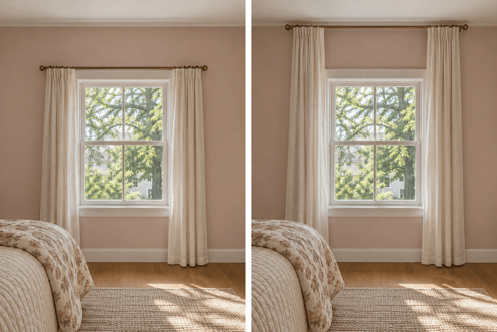 Matching bedroom windows with ivory curtains hung just above the window frame on the left and closer to the ceiling on the right.