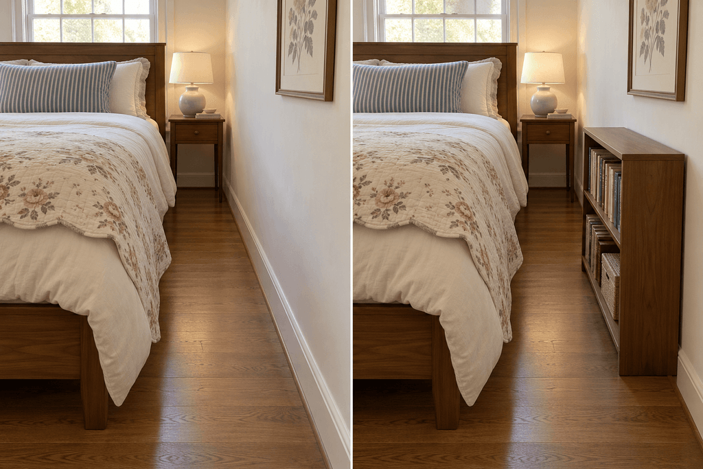 Side-by-side bedroom views showing a clear bedside walkway and the same space narrowed by a wooden bookcase.