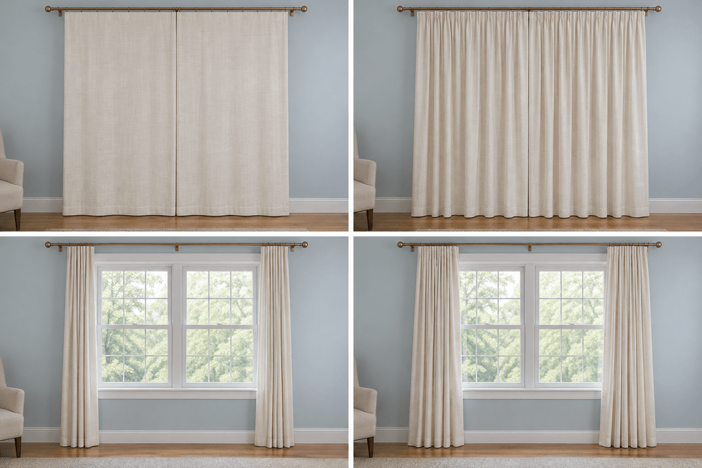 Ivory curtains shown closed and open, comparing flatter panels with fuller panels that form deeper folds and larger gathered stacks.