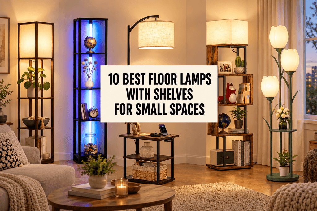 Five floor lamps with shelves styled in a warm small living room, with the centered title “10 Best Floor Lamps With Shelves for Small Spaces.
