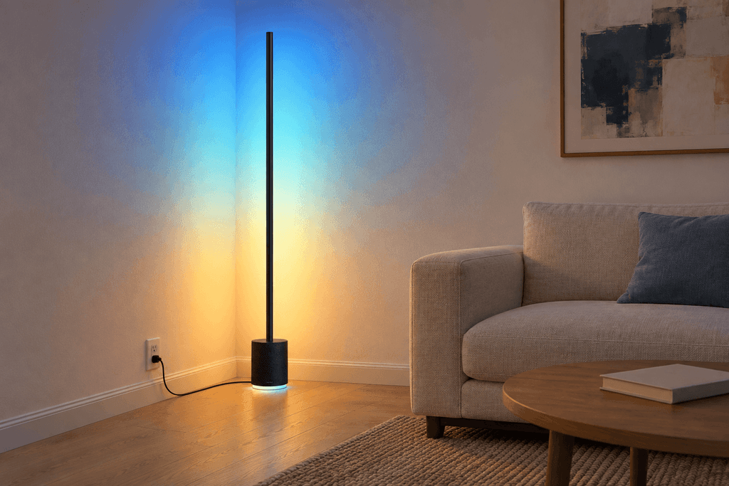 Black Govee Floor Lamp Pro with a cylindrical speaker base casting blue, teal, and warm amber light onto a living room corner beside a neutral sofa.