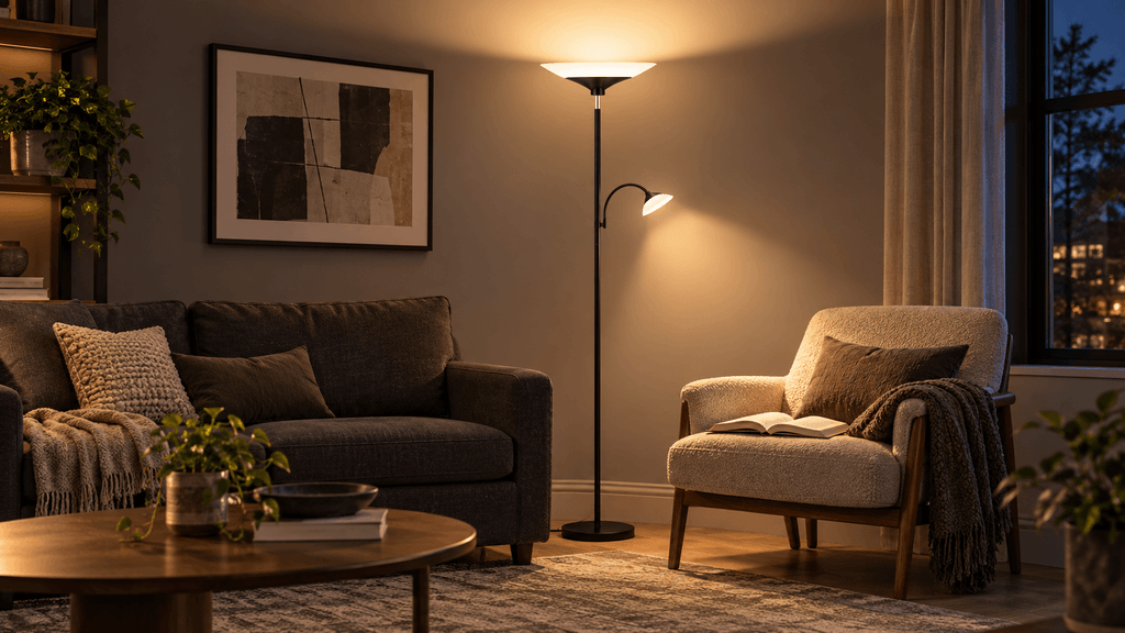 SIBRILLE 34W two-in-one torchiere floor lamp illuminating a dark living room with broad uplighting and a focused reading light.
