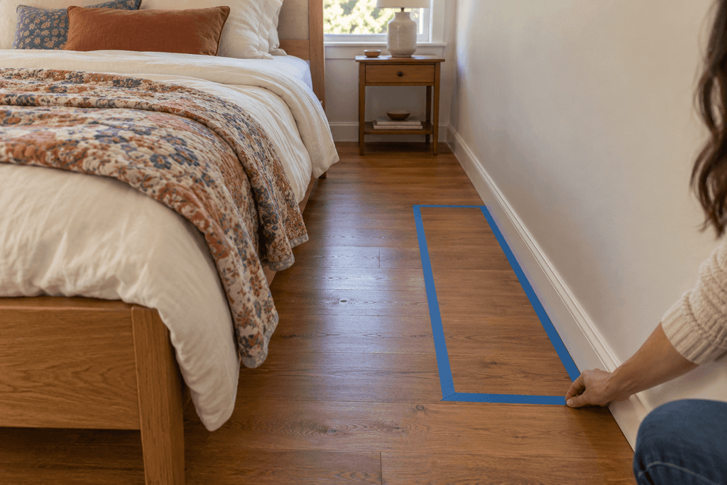Woman marking a proposed furniture footprint with blue tape on the floor between a bed and the wall.