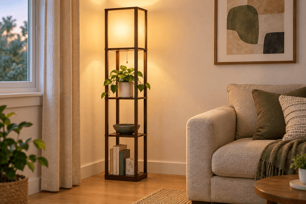 Brightech Maxwell floor lamp with three open shelves and a glowing rectangular shade styled beside a compact neutral sofa.