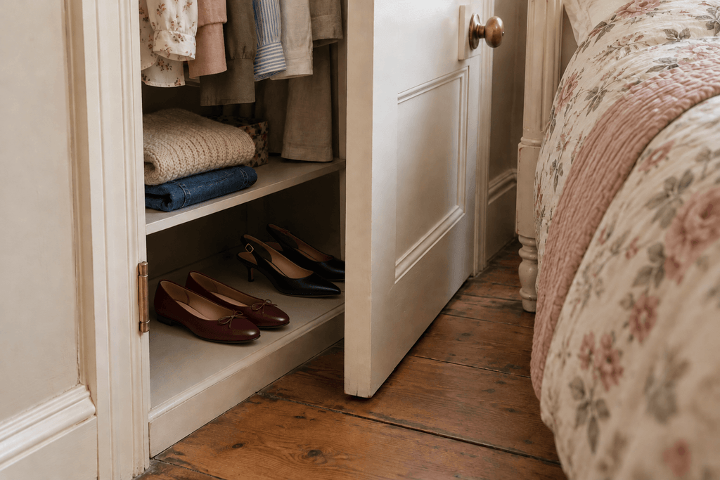 Lower closet shelves holding folded knitwear, jeans and shoes, partly obscured by an open door beside a bed with floral bedding.