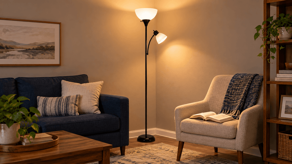 Globe Electric bulb-replaceable torchiere floor lamp providing ambient and focused reading light in a dark family room.