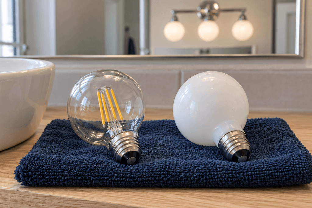 Clear filament LED globe bulb and frosted white globe bulb resting side by side on a navy towel beside a bathroom basin.