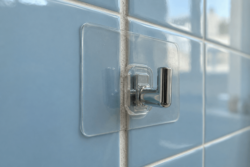 Clear adhesive mounting pad and chrome hook spanning a recessed grout line between blue shower tiles.