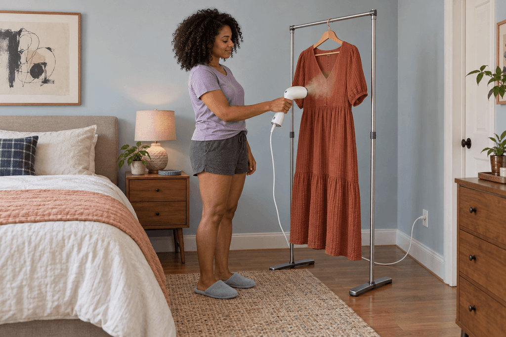 Woman in lounge clothes and soft house slippers steaming a rust-colored dress hanging clear of the floor on a freestanding stand.