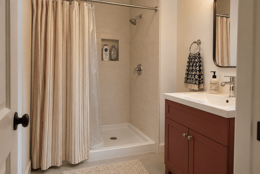 Striped shower curtain with a clear liner hanging inside a raised shower tray beside a burgundy vanity.