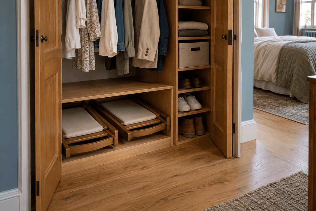 Two folded wooden chairs stored side by side in a low closet compartment beneath hanging clothes, with shoes on separate shelves and clear floor space in front.