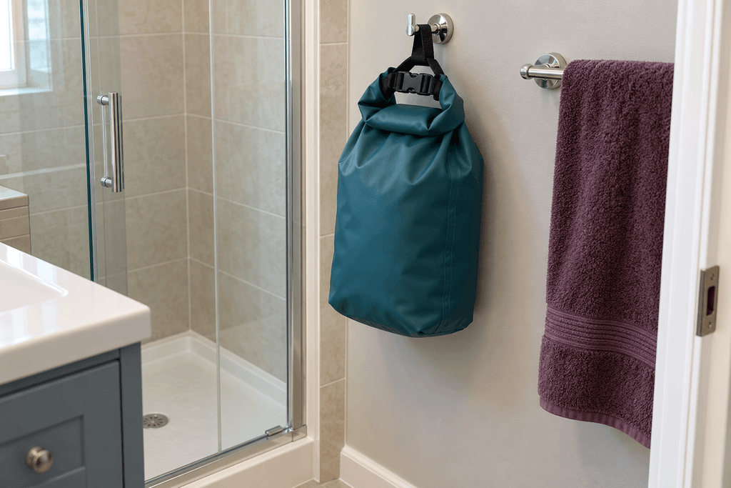 Closed teal roll-top bag hanging from a wall hook outside the shower beside a separate purple towel.