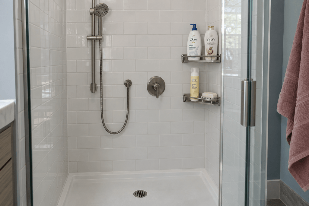 Compact shower with a handheld showerhead and corner shelves holding Dove and Olay body wash, eos shave cream and soap.
