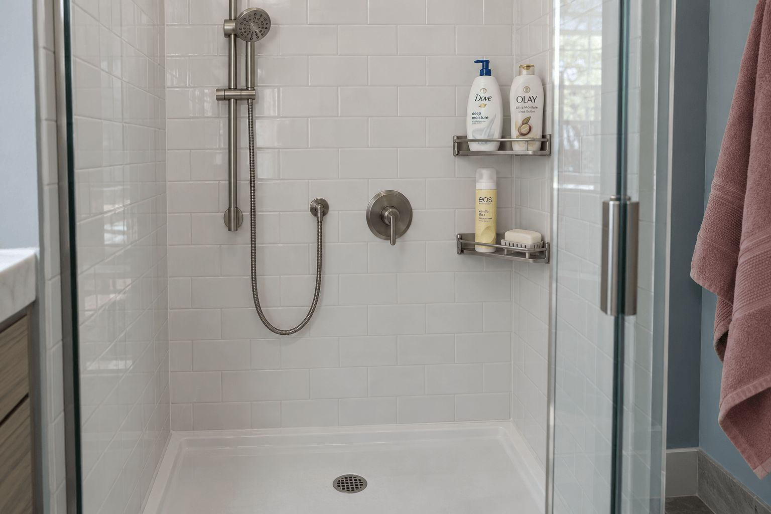 Compact shower with a handheld showerhead and corner shelves holding Dove and Olay body wash, eos shave cream and soap.