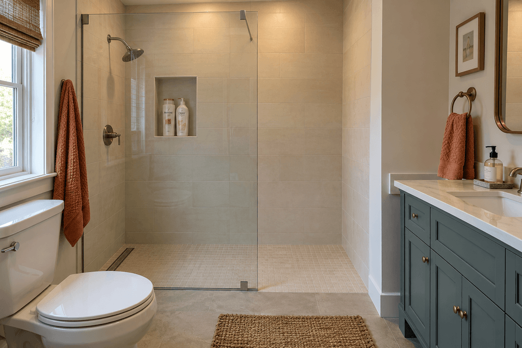 Doorless shower with a fixed glass screen on the left and an open entrance on the right beside a blue-green vanity.