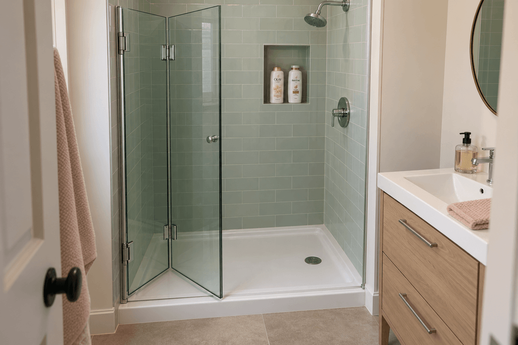 Two-panel glass shower door partially folded inward on the left, leaving an entrance on the right beside an oak vanity.