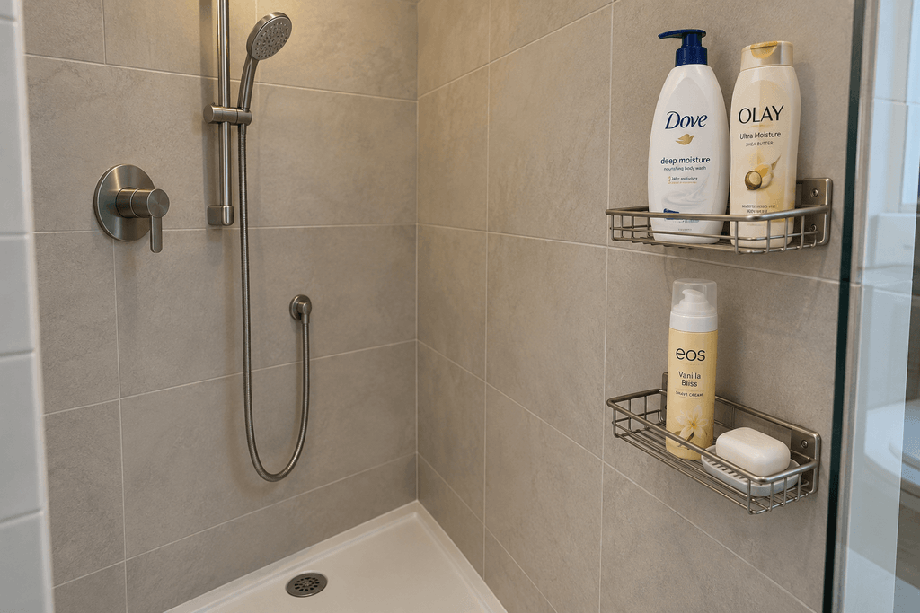Two side-wall shower shelves holding Dove, Olay and eos products, positioned away from the handheld shower hose.