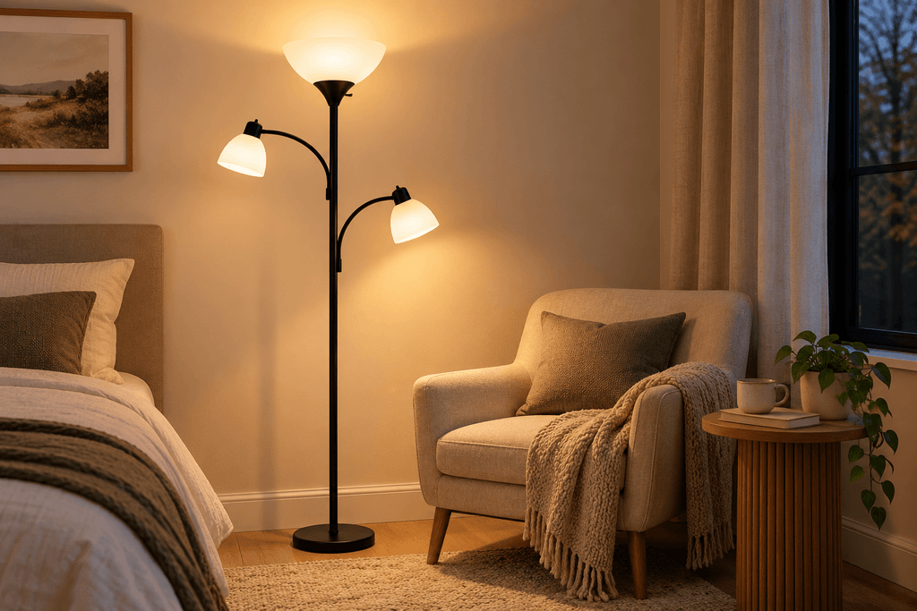 Brightech Sky Dome Double floor lamp providing warm ambient uplighting and focused reading light beside a chair in a bedroom without overhead lighting.