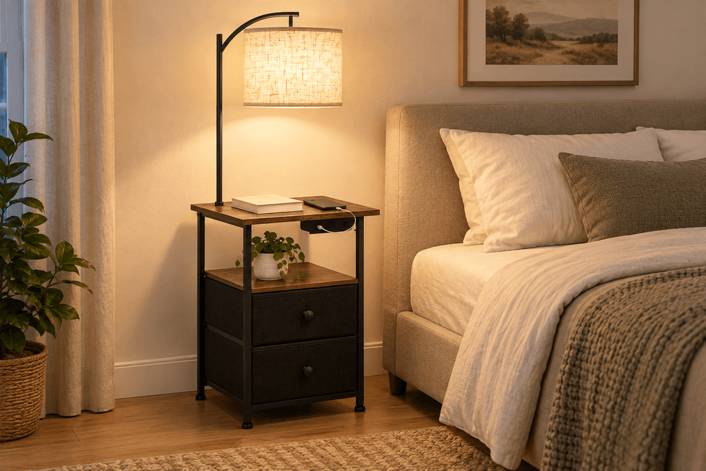 PESRAE floor lamp with a rustic-brown bedside table, open shelf and two black storage drawers beside a neutral upholstered bed.