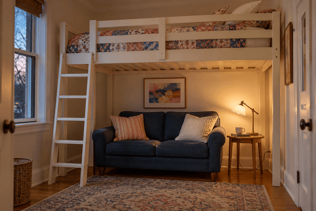 Indigo loveseat beneath a cream loft bed, with a brass table lamp lighting the wall beside coral and ivory cushions.
