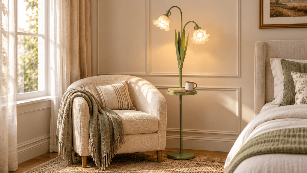 Matcha-green flower floor lamp with two glowing shades and a built-in round shelf beside a compact cream reading chair.