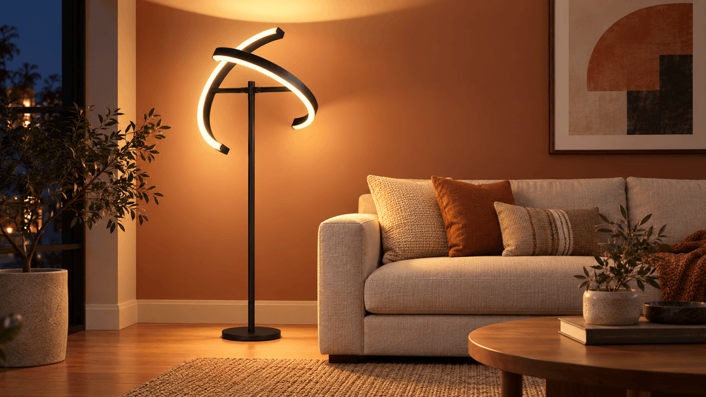 Brightech Halo Split floor lamp casting broad adjustable light across a dark living room with its two independently rotating LED arcs.