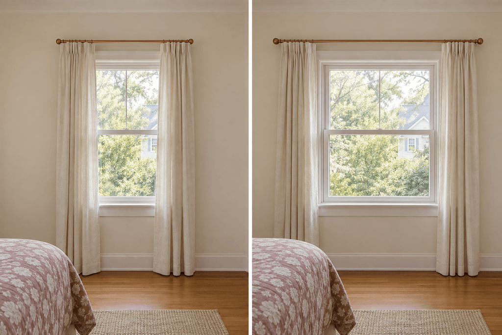Side-by-side curtain arrangements showing gathered panels covering the window edges on a shorter rod and sitting farther beside the glass on a wider rod.