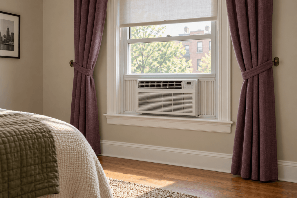 Plum curtains tied back beside a window air conditioner, leaving its outlet and intake grille uncovered.