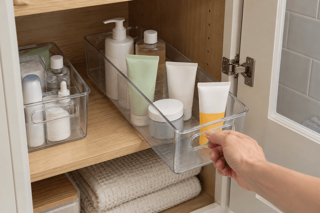 Hand pulling a clear skincare bin forward on a deep bathroom cabinet shelf.