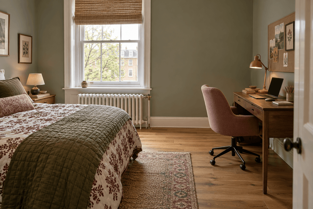 Small bedroom with a walnut desk and pink task chair on a side wall beside a window with an exposed radiator below it.