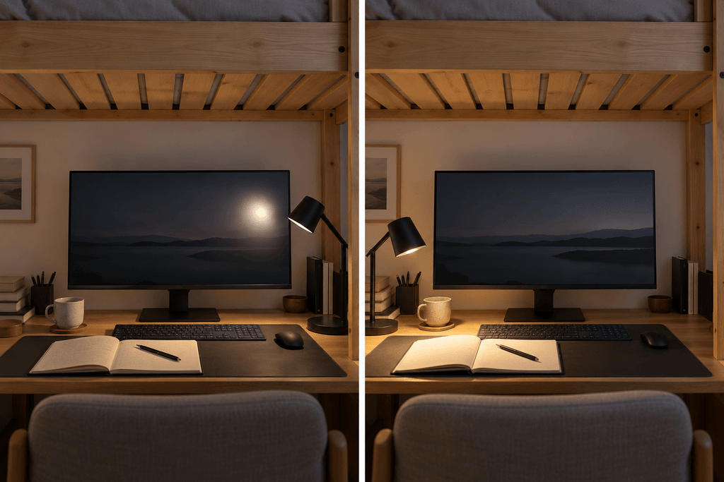 Side-by-side under-loft desk views showing a lamp reflection on the monitor and a repositioned lamp illuminating the notebook.