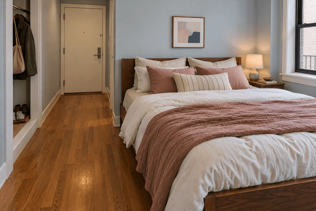 Small apartment entrance beside a bed, with a clear walkway and recessed storage holding a jacket, tote bag and shoes.