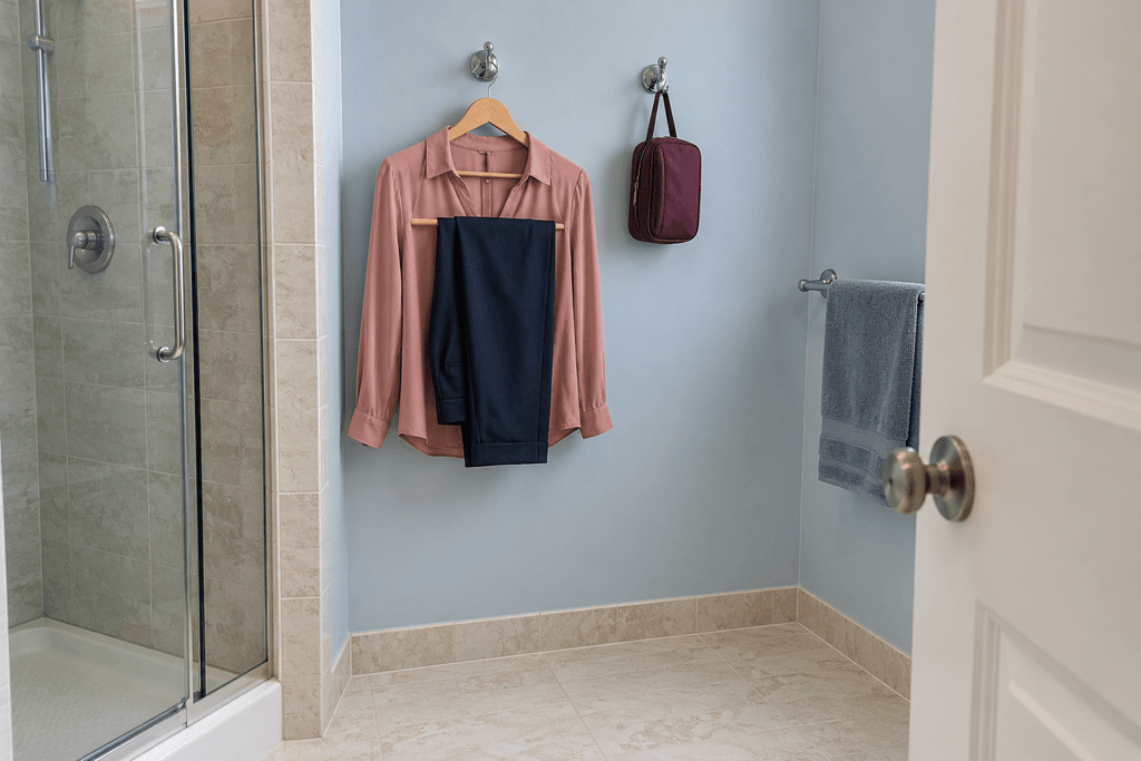 Pink blouse and navy trousers on a hanger beside a zipped pouch, hanging from bathroom wall hooks outside the shower enclosure.
