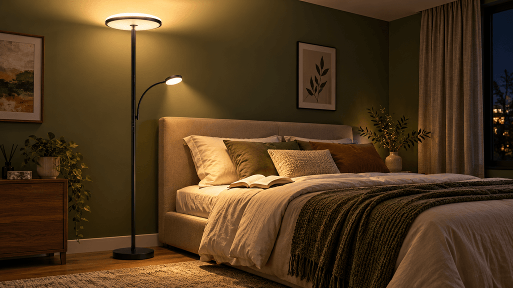 Aulaiyi two-in-one LED floor lamp brightening a dark bedroom with a wide uplight and adjustable reading arm.