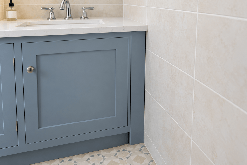 Matching blue vertical filler panel closing the space between a bathroom vanity cabinet and a cream tiled wall beneath the countertop.