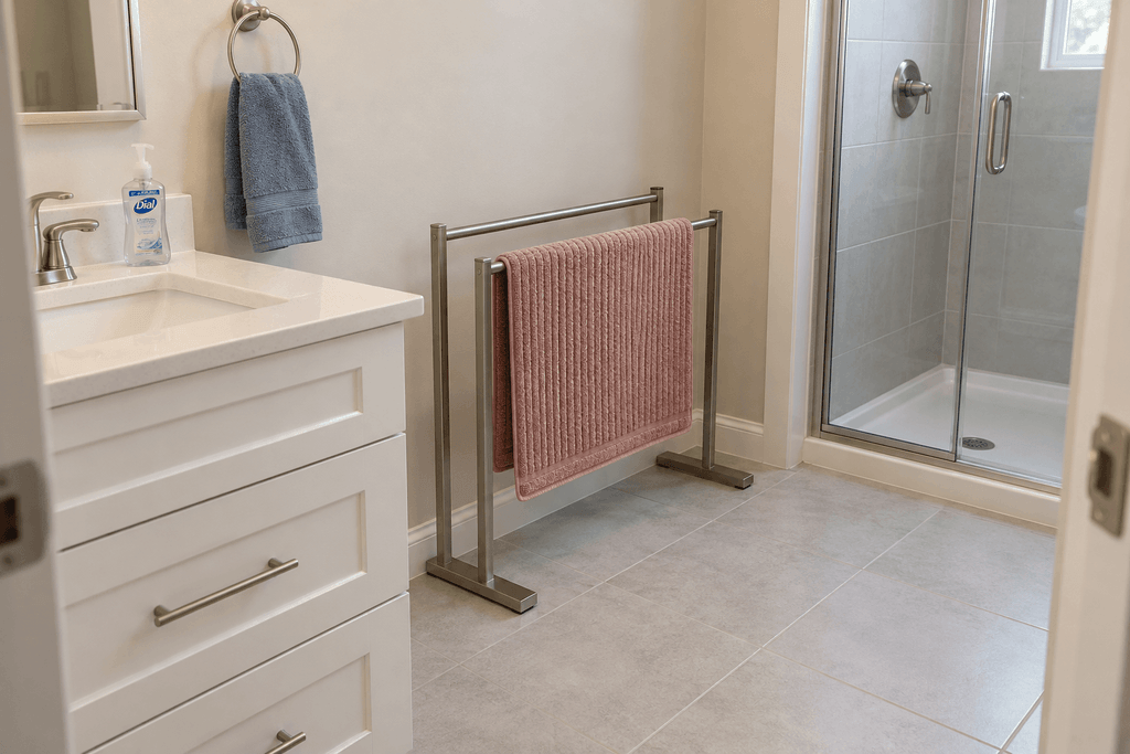 Rose-colored bath mat draped over a freestanding metal drying rack beside a bathroom vanity, with clear tile floor in front.