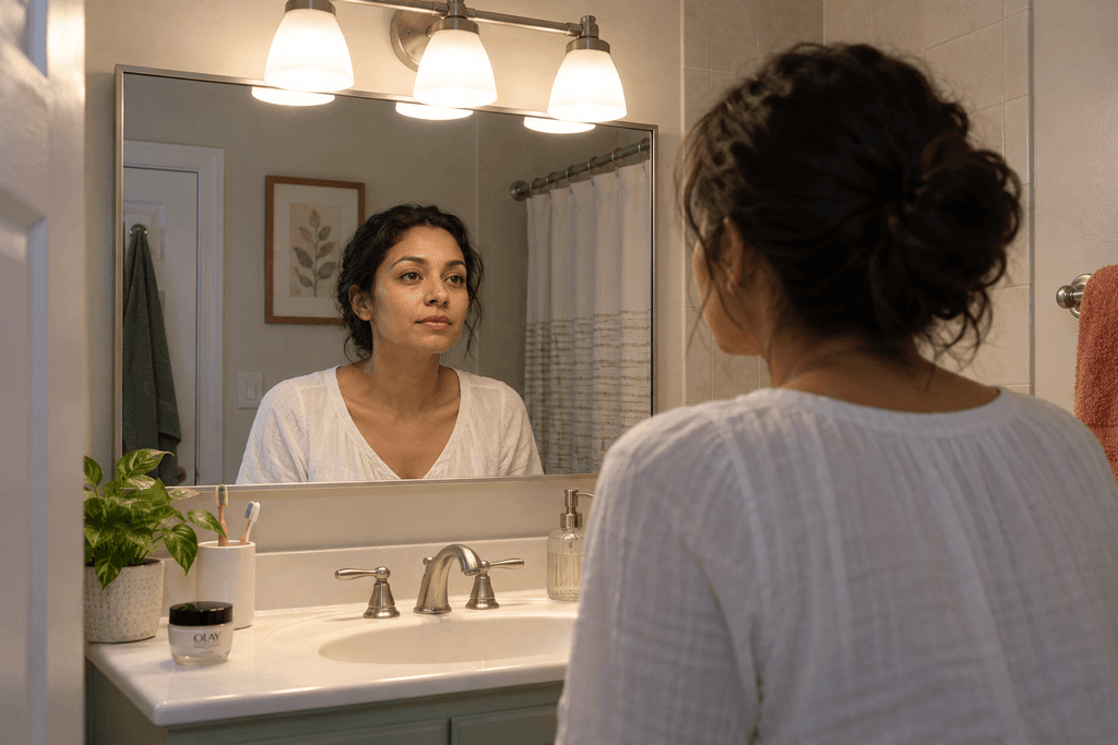 Woman looking in a bathroom mirror beneath an overhead vanity light, with shadows beneath her nose and chin.