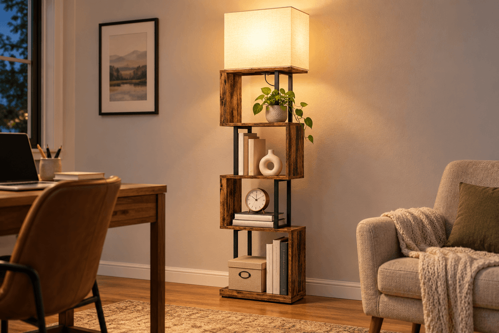 OUTONLIFE five-tier S-shaped floor lamp with staggered rustic-brown shelves styled between a compact desk and reading chair.