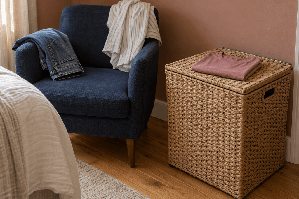 Folded pink T-shirt on a closed woven laundry hamper beside a navy chair draped with jeans and a striped shirt.