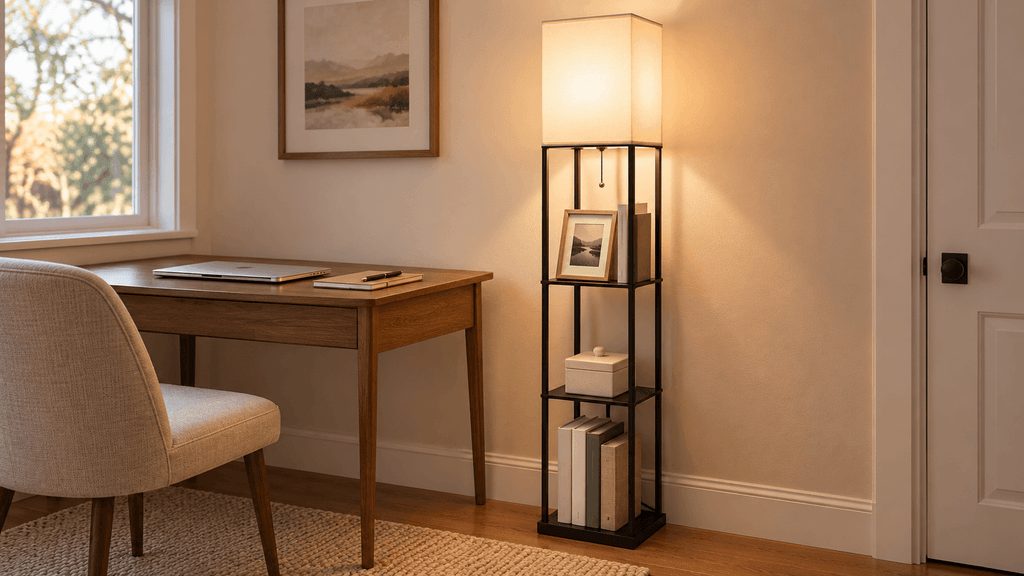 Gupuzm black floor lamp with three display shelves and a glowing square shade beside a compact home-office desk.