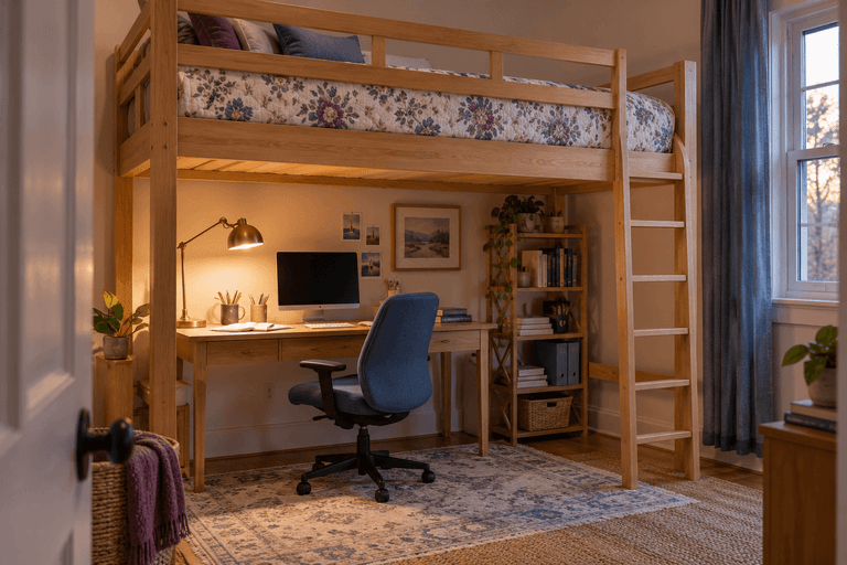 Wooden loft bed above a desk lit by an adjustable brass lamp, with a blue office chair, bookshelves and a clear ladder.