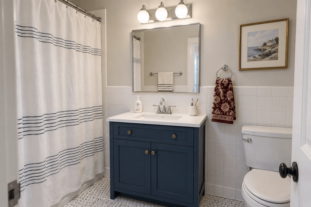 Small bathroom with three frosted globe bulbs above a rectangular mirror, a navy vanity and a white striped shower curtain.