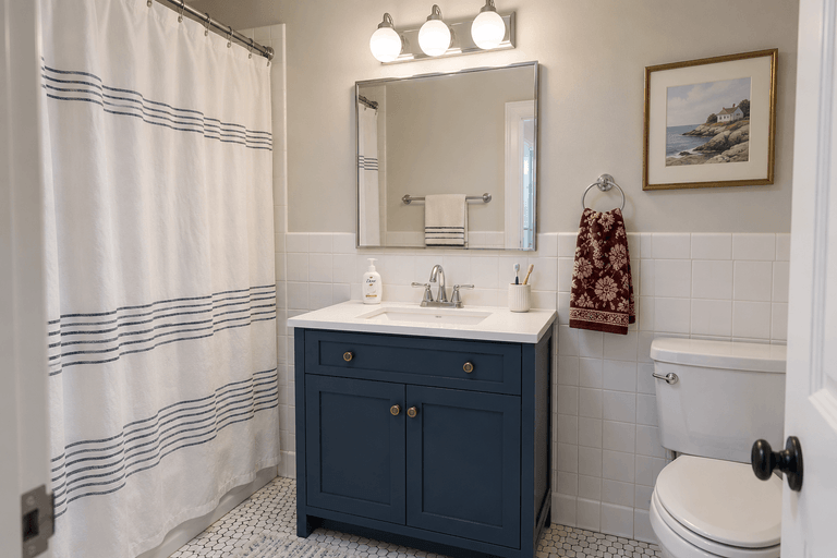 Small bathroom with three frosted globe bulbs above a rectangular mirror, a navy vanity and a white striped shower curtain.